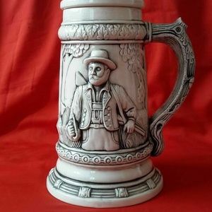 Vintage Beer Stein with resting hunter and his dog by Corner Ceramics Sebewaing